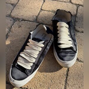 Pedro Garcia Parson Sneaker in Black Frayed Silk Satin with White Lace Sneakers